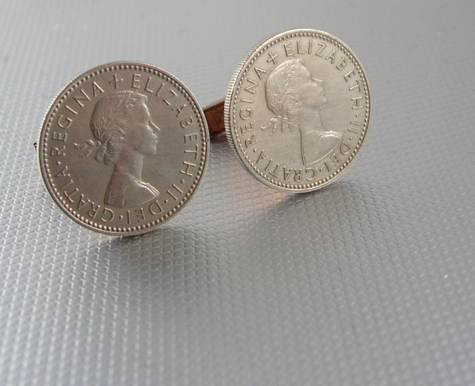 1957 silver coin cufflinks Elizabeth 11 Dei Gratia regina Sixpence ...