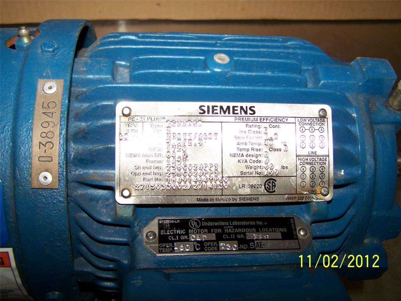 Siemens Electric Motor PE21 PLUS RGZZESD 2 HP 1720 RPM Explosion Proof