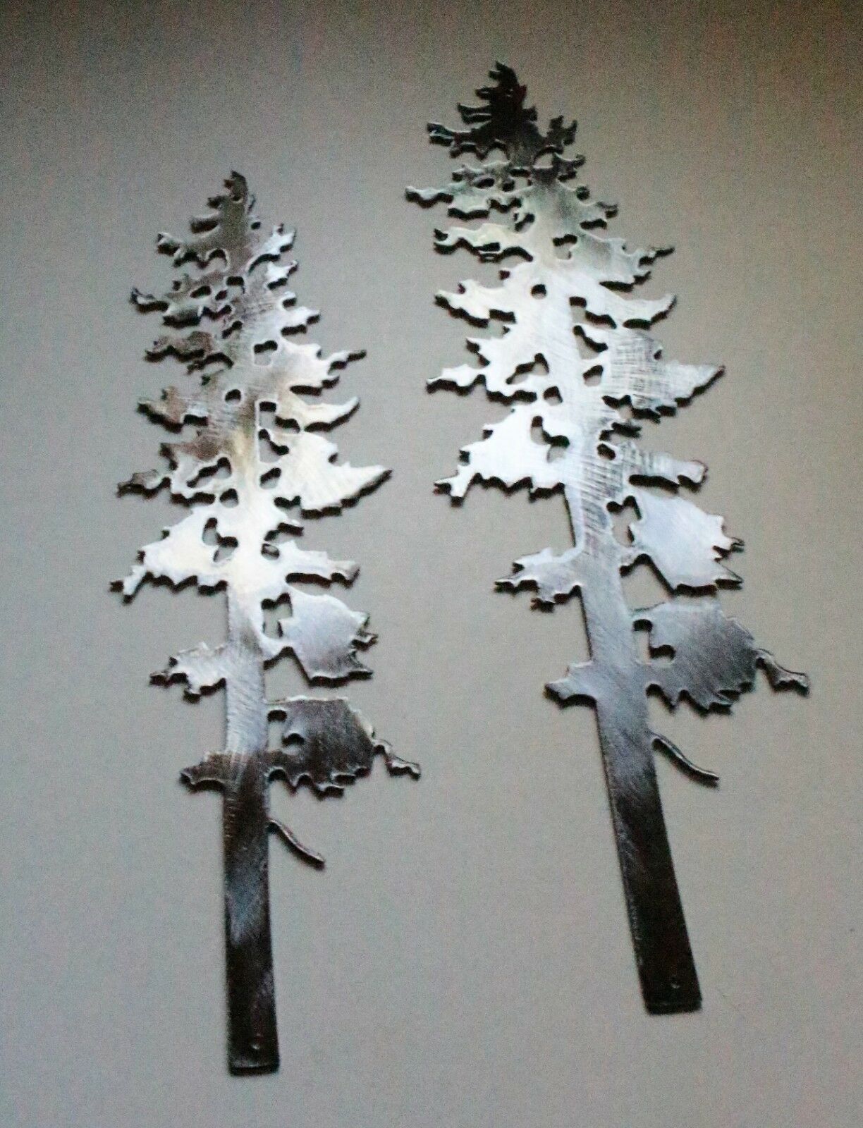 Two Pine Trees Metal Wall Art Decor 10" & 12" Silver Sculptures
