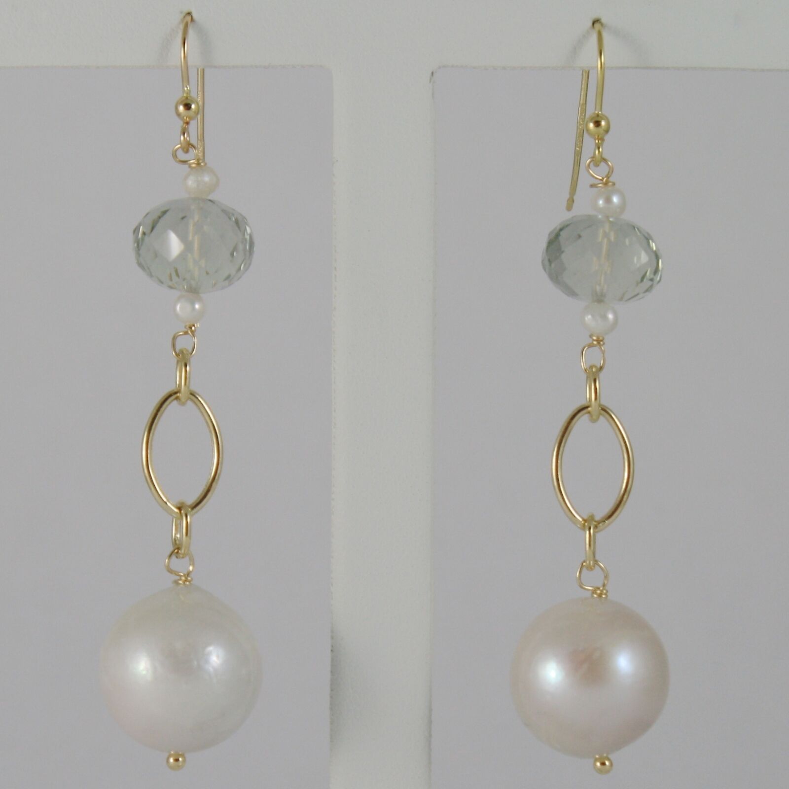 Primary image for 18K YELLOW GOLD PENDANT EARRINGS WITH BIG 12 MM WHITE FW PEARLS AND PRASIOLITE