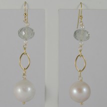 18K Yellow Gold Pendant Earrings With Big 12 Mm White Fw Pearls And Prasiolite - $338.95