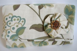 Green Floral Fabric Envelope Clutch Bag Handmade Purse Zipper Lined Handbag - $72.00