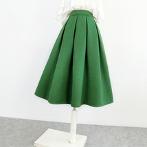 Women Green Midi Pleated Skirt A-line Winter Woolen Blend Midi Party Skirt Plus image 3
