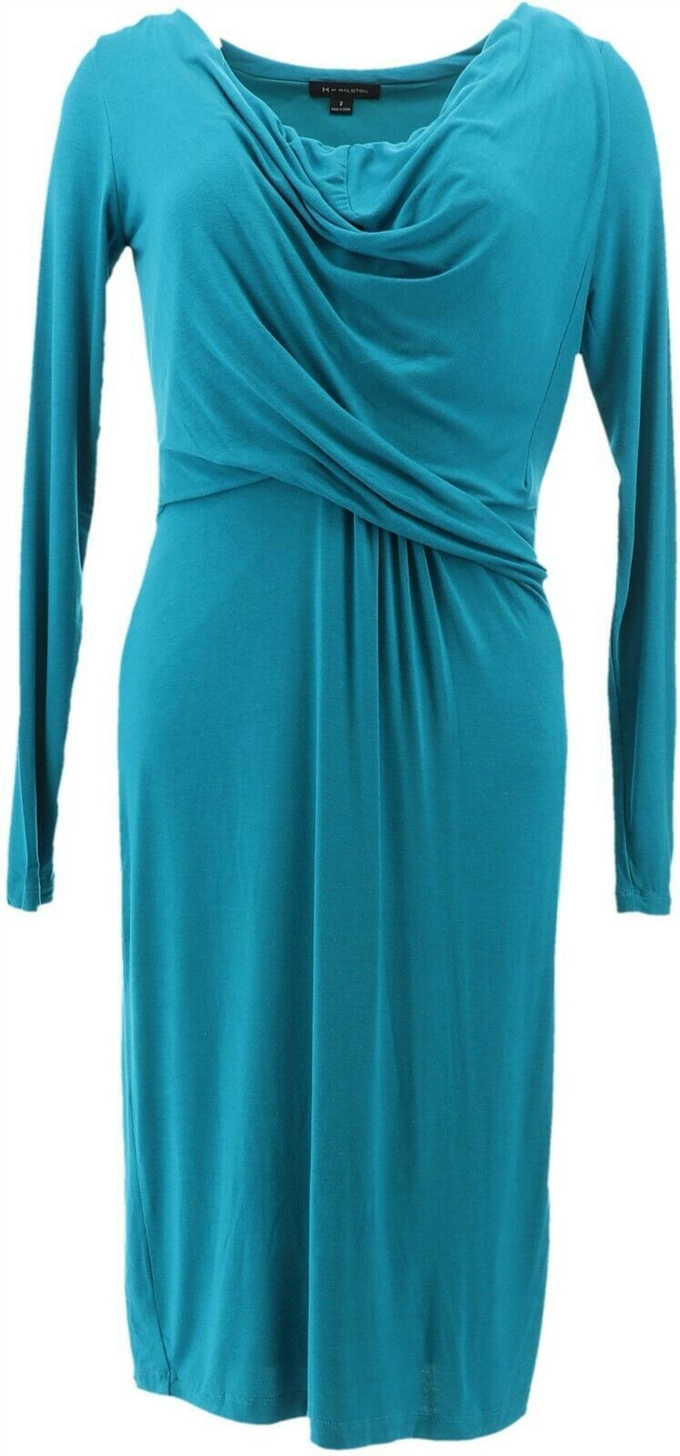 Halston Solid Cowl Neck Long Slv Dress Teal 2 NEW A270359