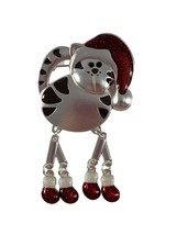 Christmas Cat Brooch Pin Santa Hat Articulated Legs Boots Silver Tone Re... - $14.85