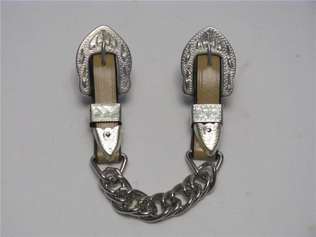 FANCY WESTERN LEATHER HORSE CURB CHAIN STRAP SILVER TIPS GREAT WITH