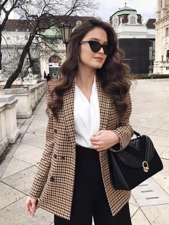 New brown beige plaid double breasted women check blazer checked suit autumn