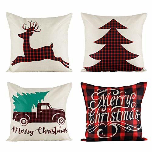 24x24 Christmas Throw Pillow Covers, Decorative Outdoor Farmhouse Buffalo Plaid Pillowcases