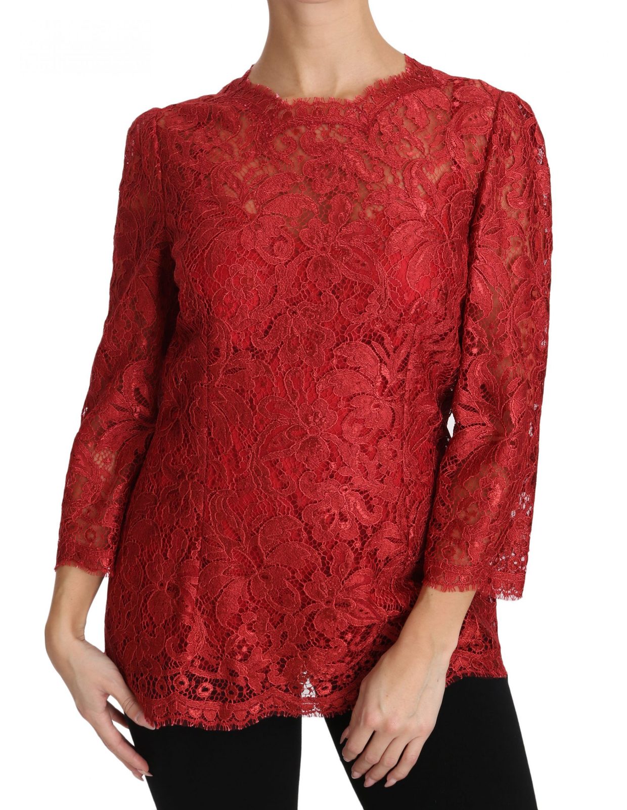 Red 3/4 Sleeve Cordonetto Lace Top - Fashion