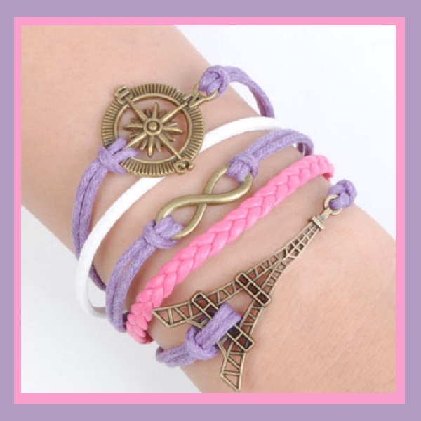 SALE Purple Pink MultiLayered Wrap Bracelet Infinity Compass Eiffel