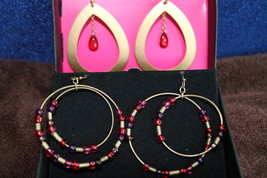 Round and Oval Hoop Earrings (Red) - 2-Pair, Beads, Gold tone - Nickel Free - $12.98