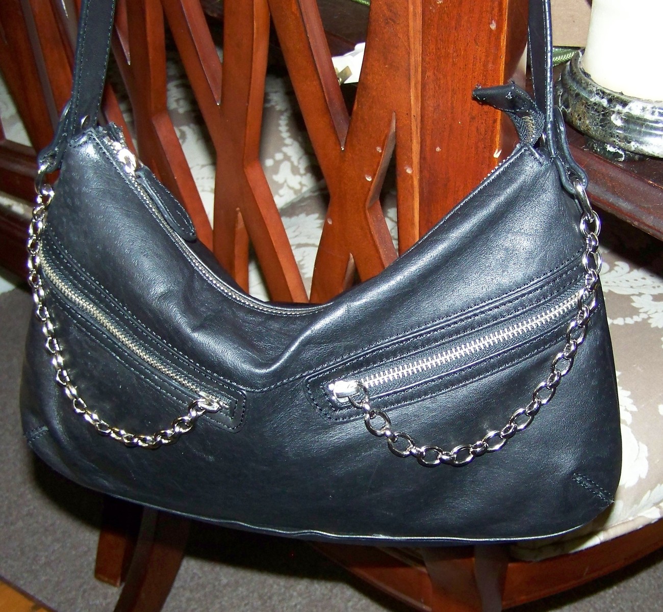 Jones NY New York Black Lambskin Leather Purse Bag Silver Chains
