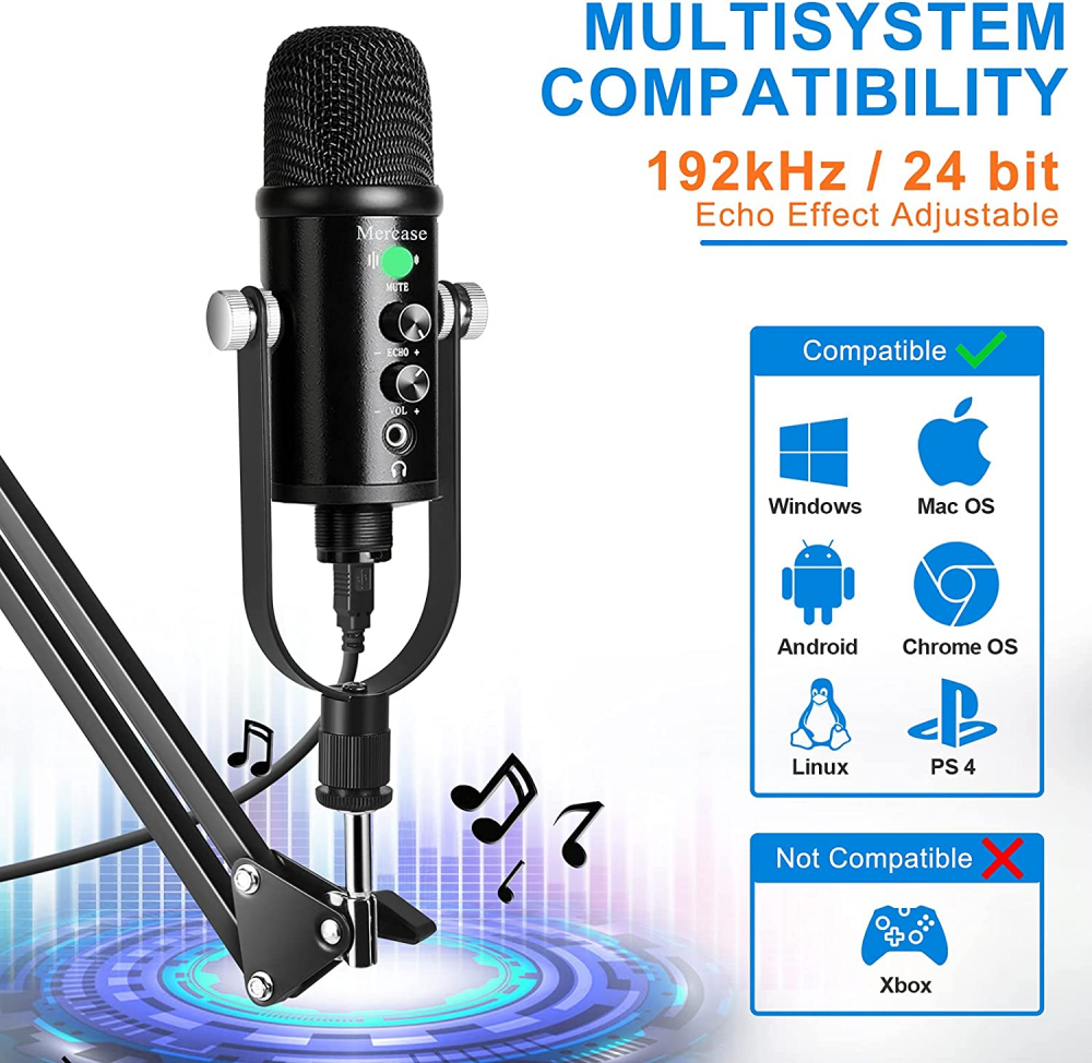Mercase USB Studio Condenser Microphone Computer Podcast Mic for PC