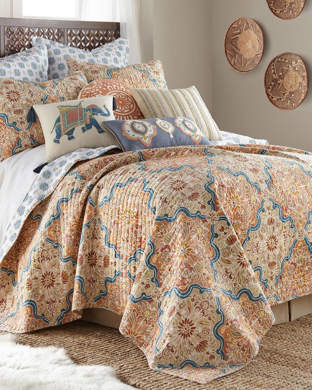 Luxury Bedding Soft Cozy Blue Orange Trendy Medallion Print Quilt Set Full Queen Quilts
