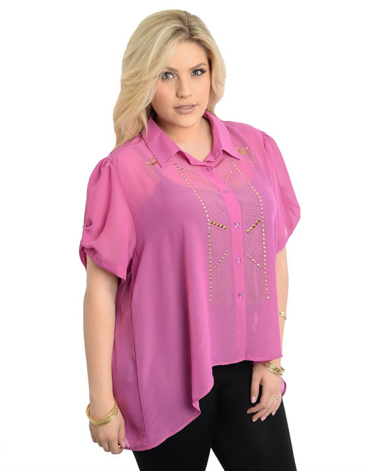 Lamjya Women’s Sheer Button Shirt Embellished Hi-Lo Hem Lilac Plus Size 1X~2X