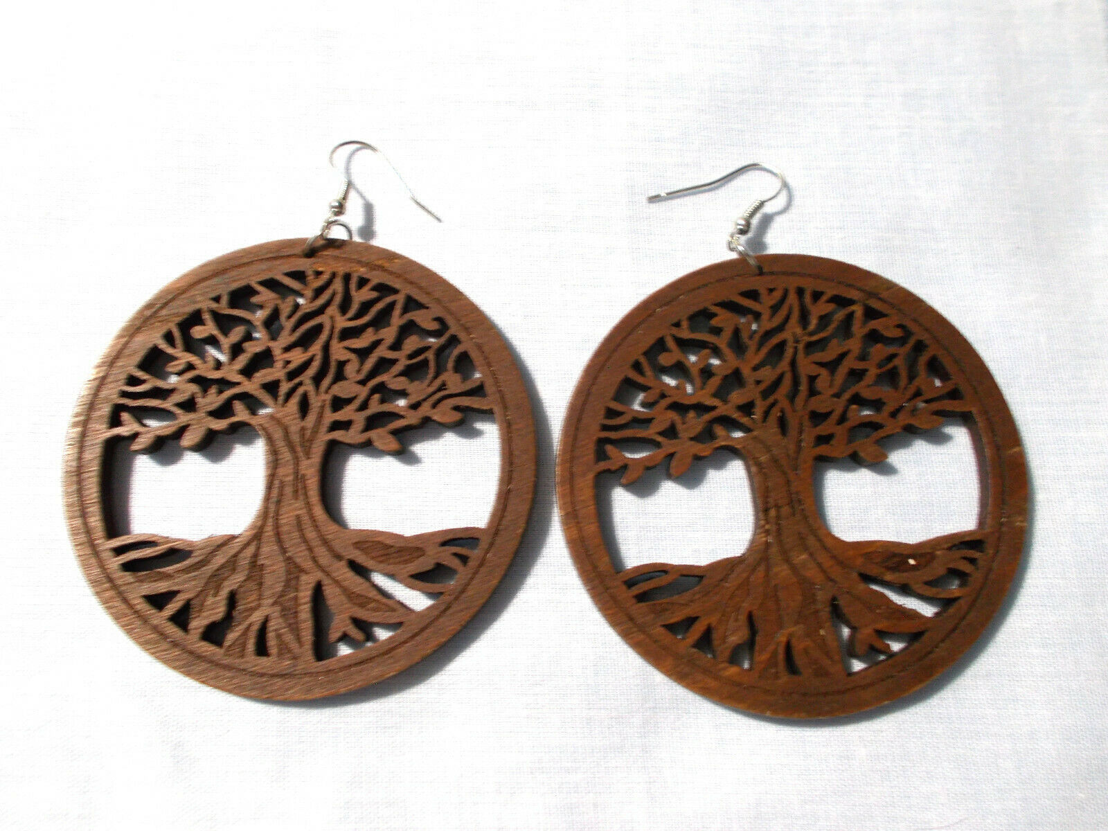 DARK BROWN Wood TREE OF LIFE Cut Out XL Rounds 3 Long Pair of Earrings Element