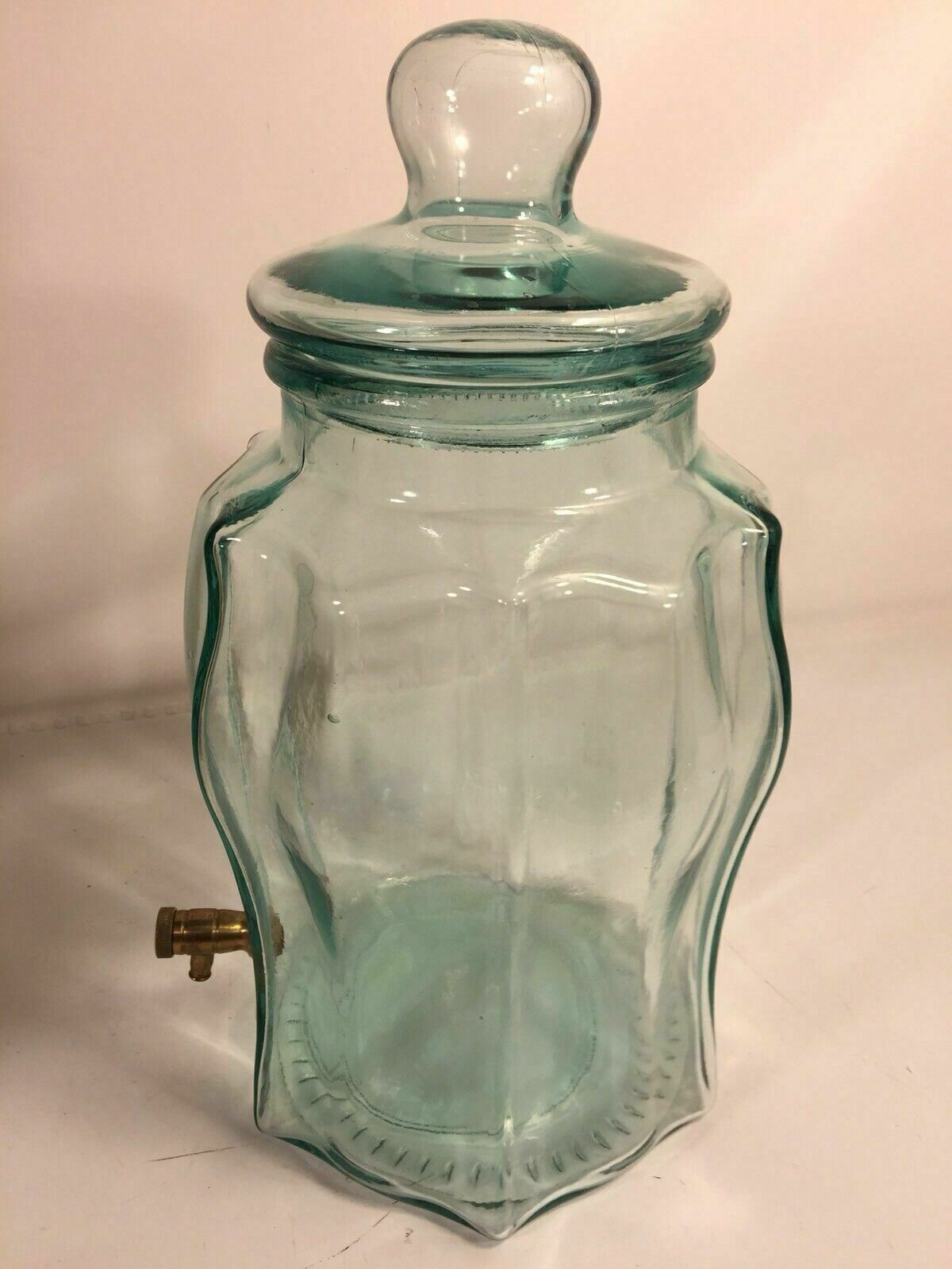 Green Glass Drink Dispenser Brass Spigot Vintage Bar Beverage Jar Made