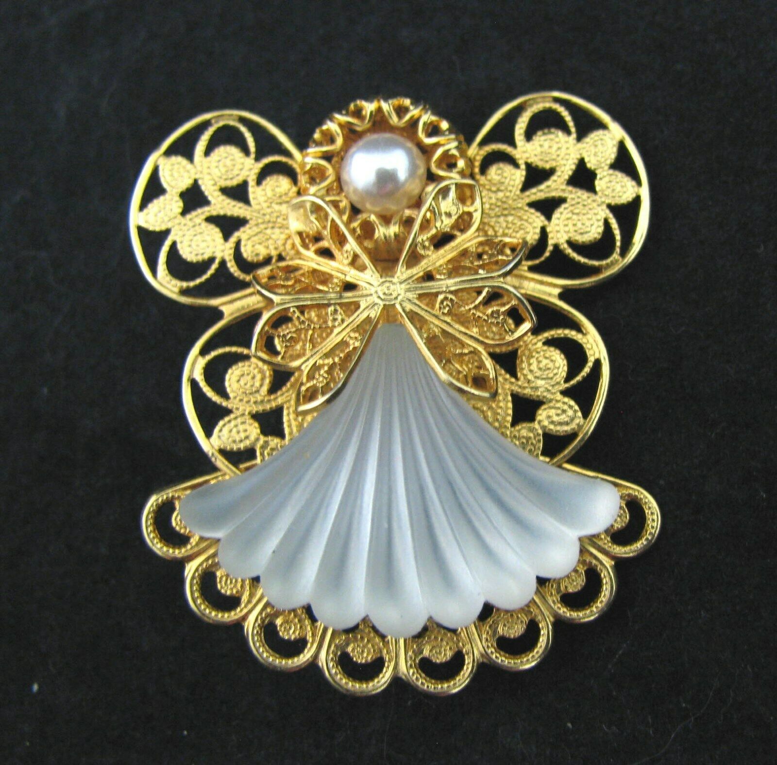 Vtg Gold Plated Filagree Angel Fairy Brooch Marked Jane AOL Glass Pearl ...