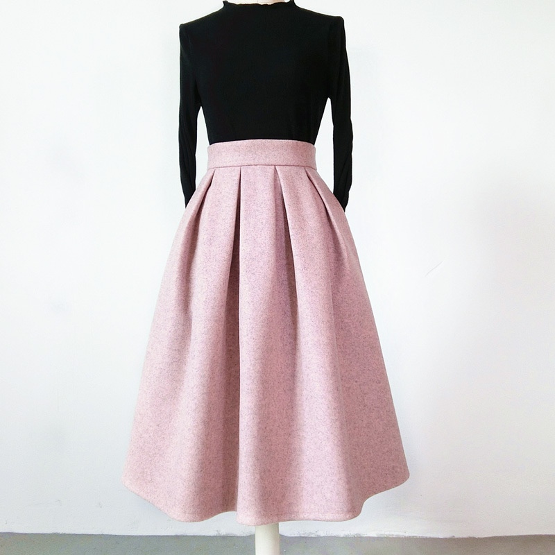 Lady Pink Winter Wool Skirt Pink High Waist Midi Pleated Skirt Winter ...