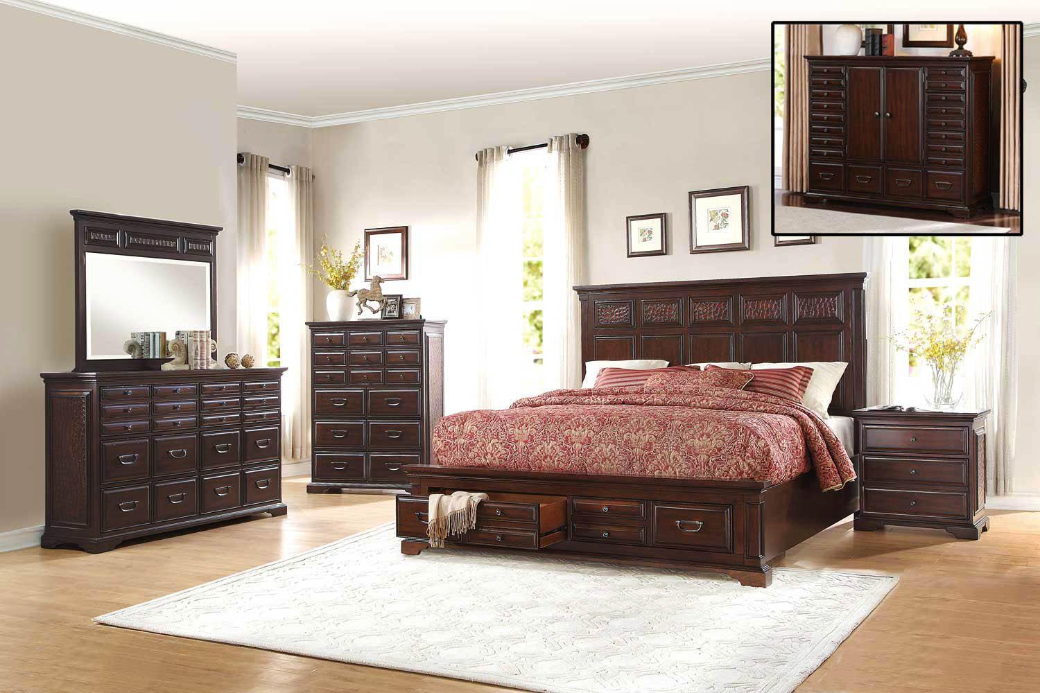 Homelegance 1832K1EK Cranfills Cherry King Storage Bedroom Set 4Pcs