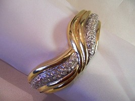 Gorgeous Gentle Wavy Gold Plated Hinged Bangle With Pave Rhinestone Center - $31.20