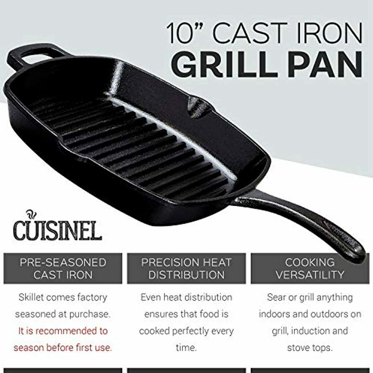 Cast Iron Square Grill Pan with Glass Lid 10.5 Inch PreSeasoned