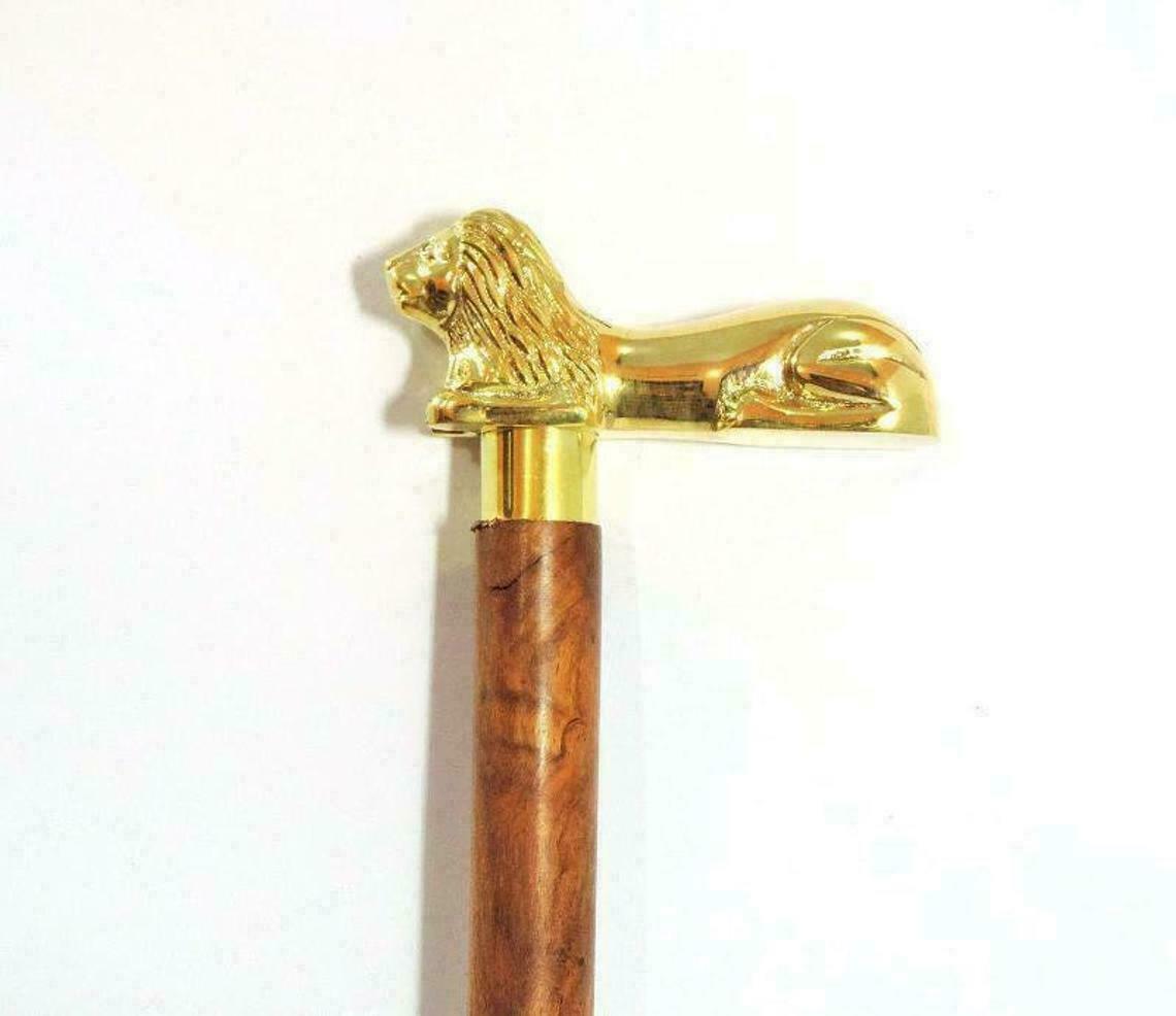 Antique Handmade Designer Lion Solid Brass Head Handle Wooden Walking Cane Stick 