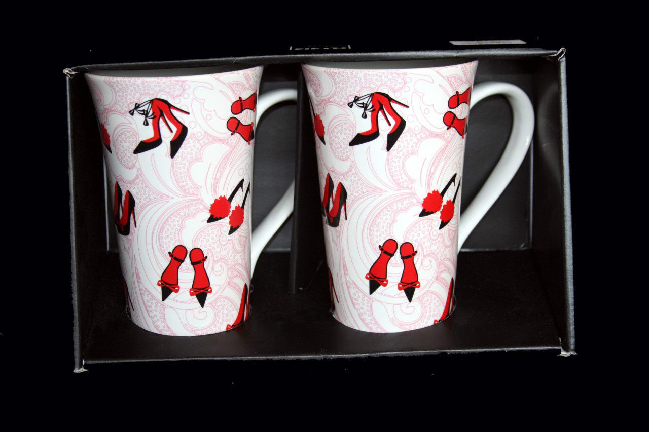 2 Large Fancy Red Chic High Heels Shoes Flare Latte Mugs 222 Fifth NIB Hvy DISC