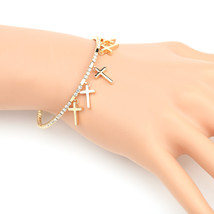 Gold Tone Bangle Bracelet With Swarovski Style Crystals & Crosses - $27.99