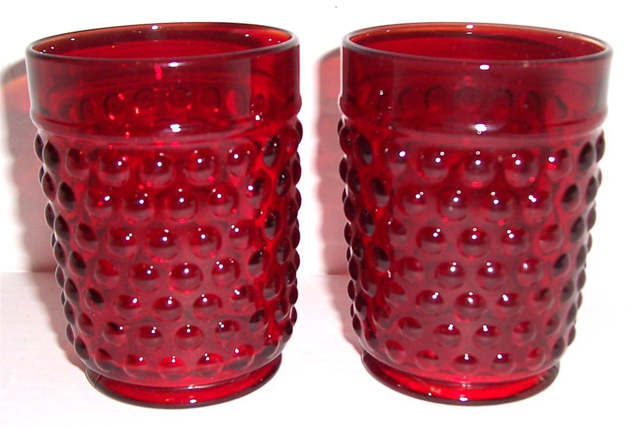(2) Vintage Anchor Hocking Ruby Red Hobnail Style Glasses Libbey