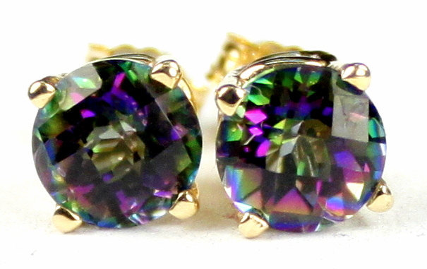 E012, 6mm round Mystic Fire Topaz, 14KY Gold Post Earrings