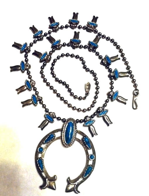 Vintage Indian Princess Squash Blossom Necklace Pewter and Faux Turquoise HERMAN Necklaces