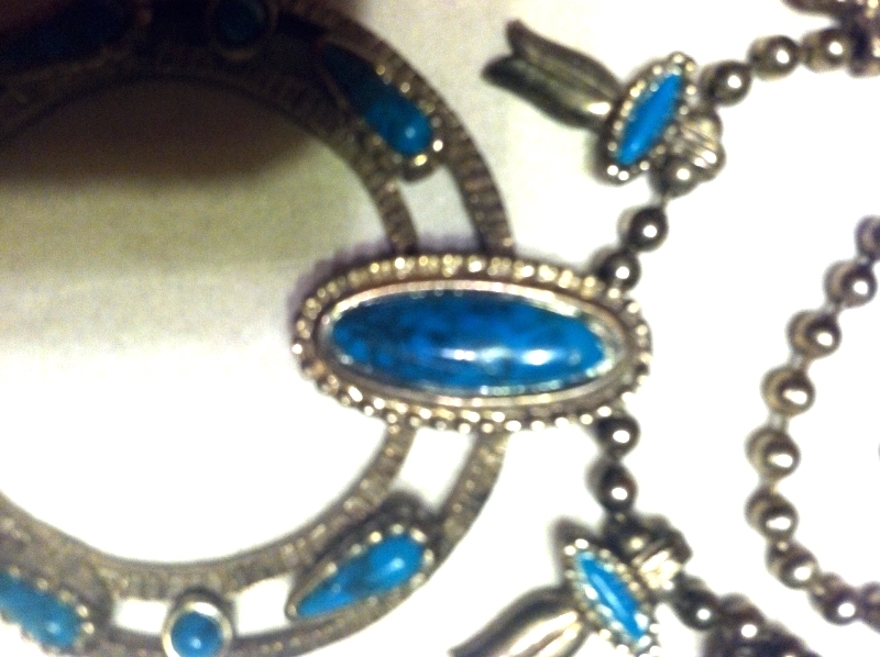 Vintage Indian Princess Squash Blossom Necklace Pewter and Faux Turquoise HERMAN Necklaces