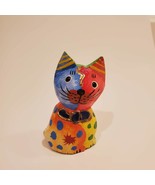 Colorful Carved Wood Cat, Hand Painted Folk Art Animal, Wooden Kitten Figurine - $12.99
