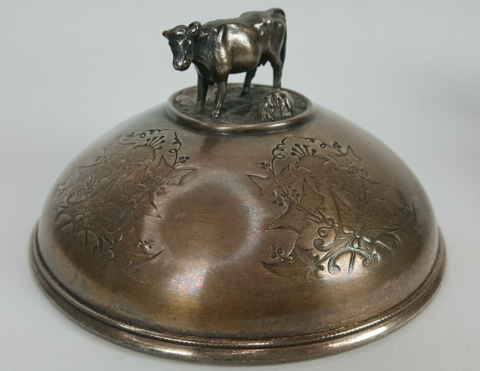 Antique Covered Butter Dish Cow on Lid W/Butter Knife Treble Plate Late