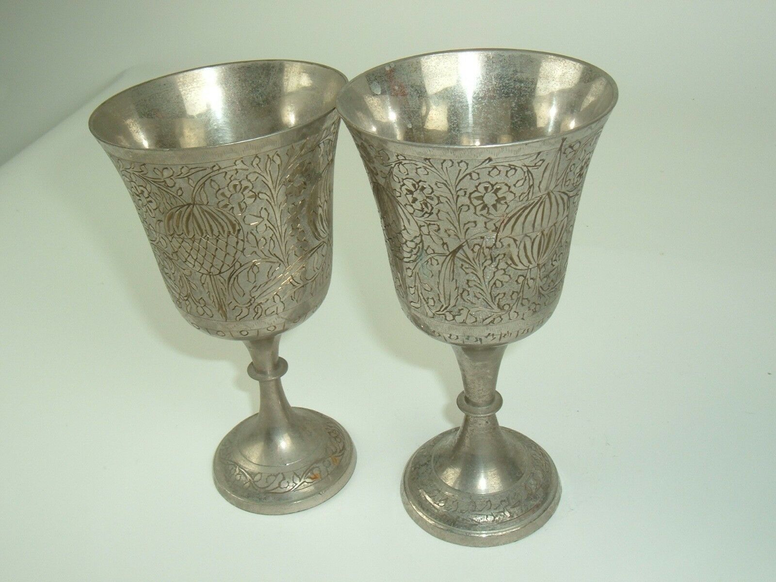 Vtg Chalice Goblet Silver Plate Brass Etched World Gift Z.Y.India SET
