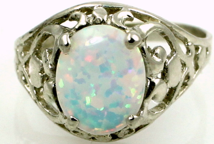 SR004, Created White Opal, 925 Sterling Silver Ring