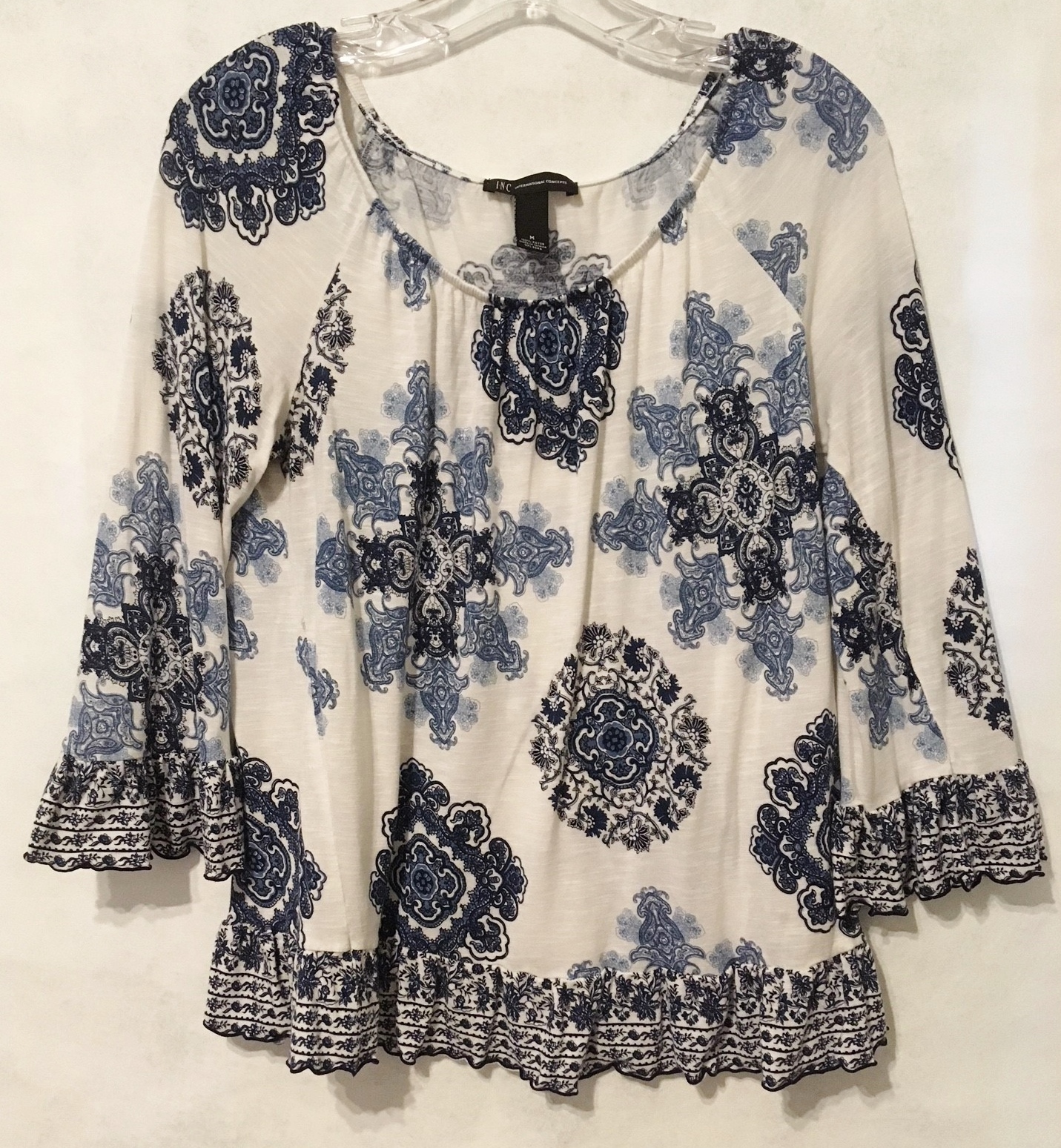 Inc Blue White Top Shirt Ruffled 3/4 Sleeve Size M Blouse Rayon Stretch ...