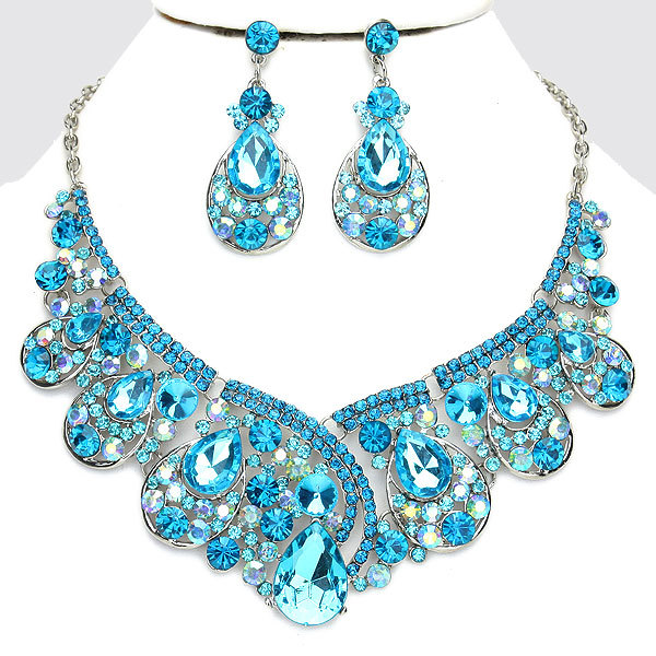 Designer Bling Crystal AB Droplet Aqua Ice Blue Silver Bib Statement ...