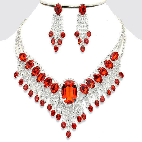 Elegant Designer Silver Red Crystal Necklace Bib Collar Pendant Earring ...