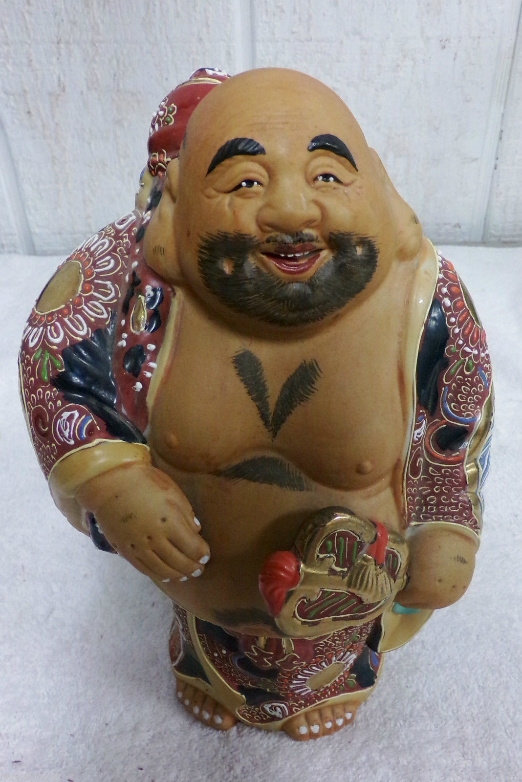 Vintage Japan Kutani Porcelain Moriage Hotei Buddha Figurine 10" Statue