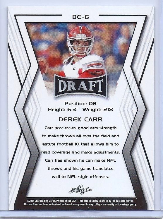 DEREK CARR 2014 LEAF DRAFT "GOLD" ROOKIE CARD! OAKLAND RAIDERS