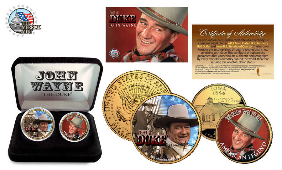 JFK HALF DOLLAR /& IOWA STATEHOOD QUARTER /& $2 BILL!! JOHN WAYNE 24KT GOLD U.S