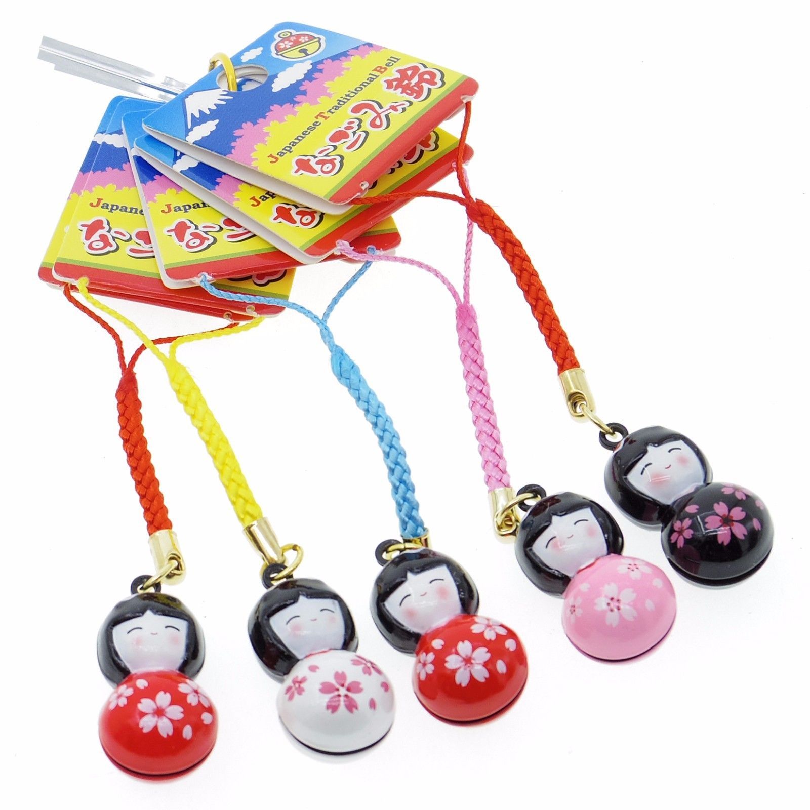 Rakutokan Japan Kimono Girl Kokeshi Miniature Doll Bell Keychain Charm Set of 5 Dolls