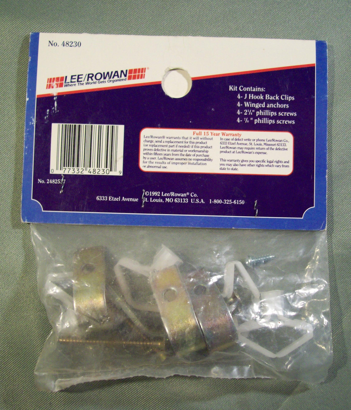 LEE/ROWAN 48230 J HOOK BACK CLIPS 4 PACK TO ATTACH WOOD SHELF TO WALL