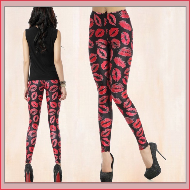 Hot Red Kiss Lips on Skin Tight Stretch Pants Leggings White or Black Sized Fit