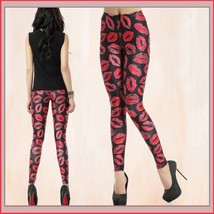 Hot Red Kiss Lips on Skin Tight Stretch Pants Leggings White or Black Sized Fit 