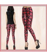 Hot Red Kiss Lips on Skin Tight Stretch Pants Leggings White or Black Si... - $48.95
