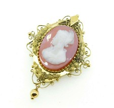 Large 14k Yellow Gold Victorian Genuine Natural Stone Cameo Pin Pendant (#J4339) - $825.00