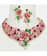 Multicolor Pink Flower Crystal Collar Necklace Bib Pendant Earring Set - £59.73 GBP